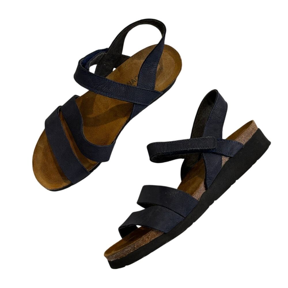 Naot Kayla Navy Blue Leather Strappy Wedge Sandals Womens EU 39 US 8 Adjustable